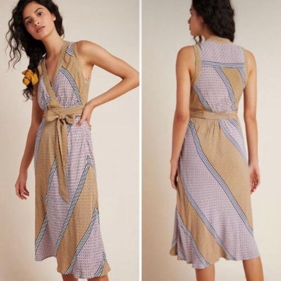Anthropologie Maeve Carla Faux-wrap Midi Dress Fit & Flare Boho Print Feminine - Picture 1 of 16